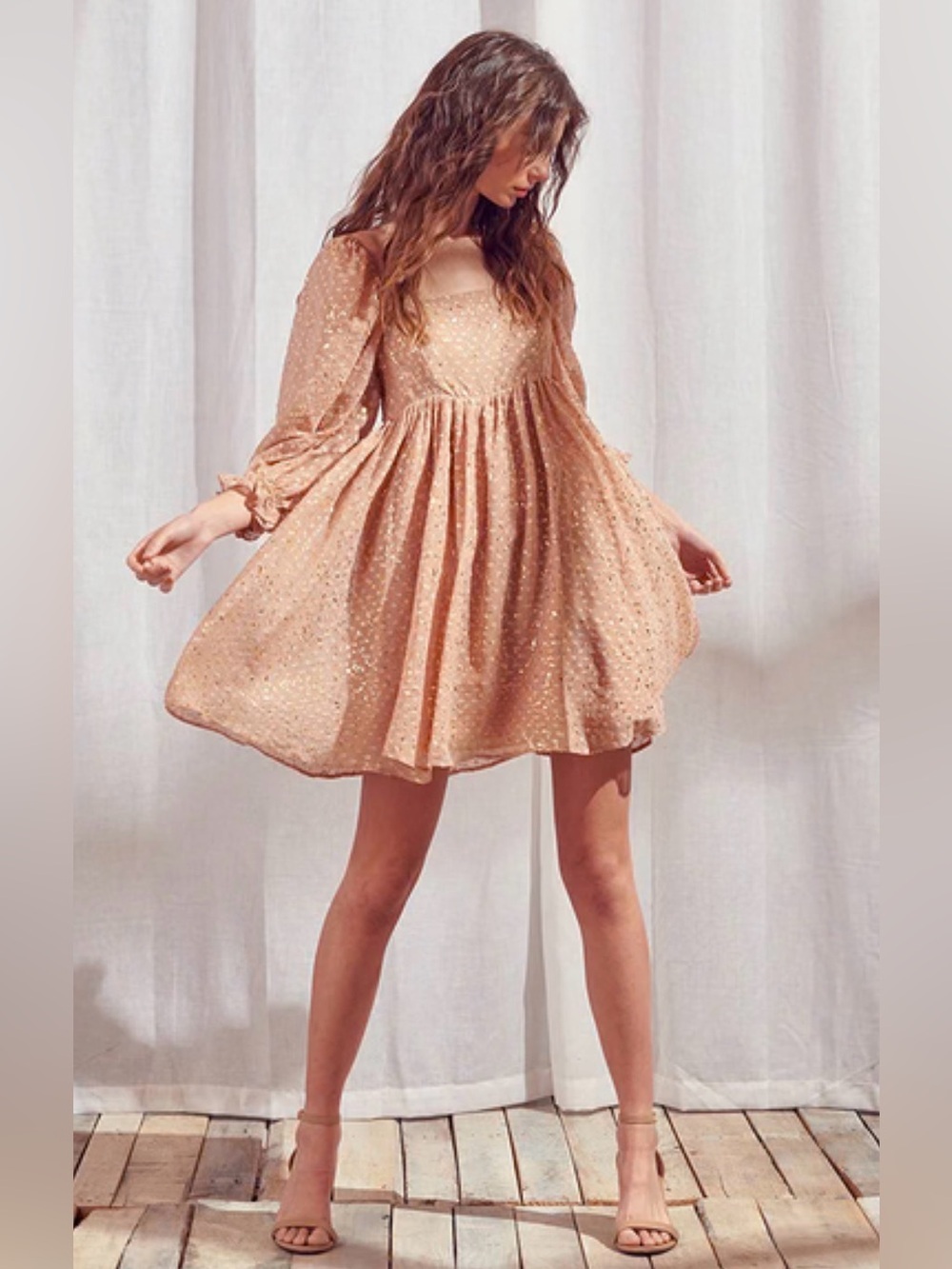 Storia Gold Flaked Embroidered Dots Fairycore Babydoll Mini Dress -M Like New